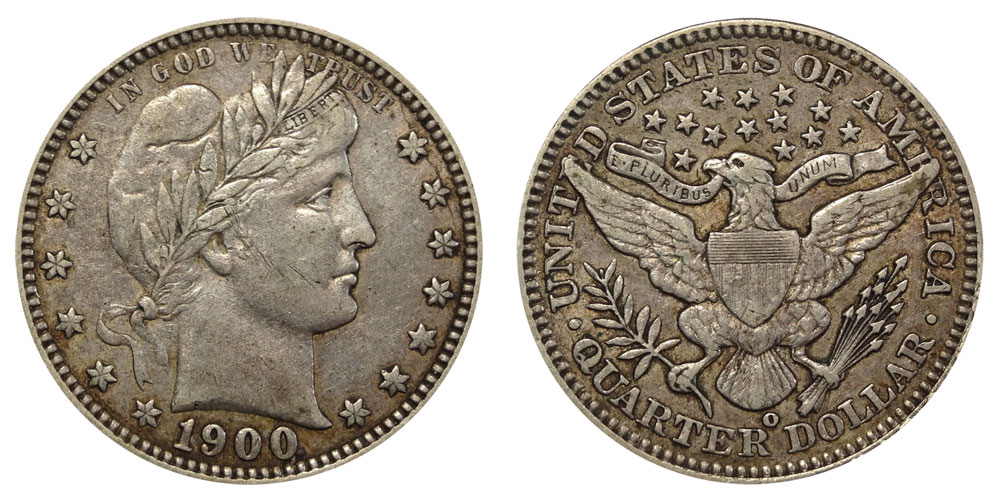 Side-by-side comparison of common 1900 Philadelphia quarter versus Mint State 1900-O New Orleans quarter