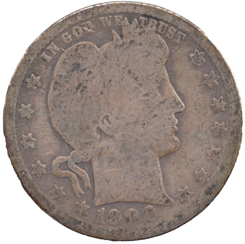 1900 Barber Quarter clipped planchet error showing curved missing section at the coin rim