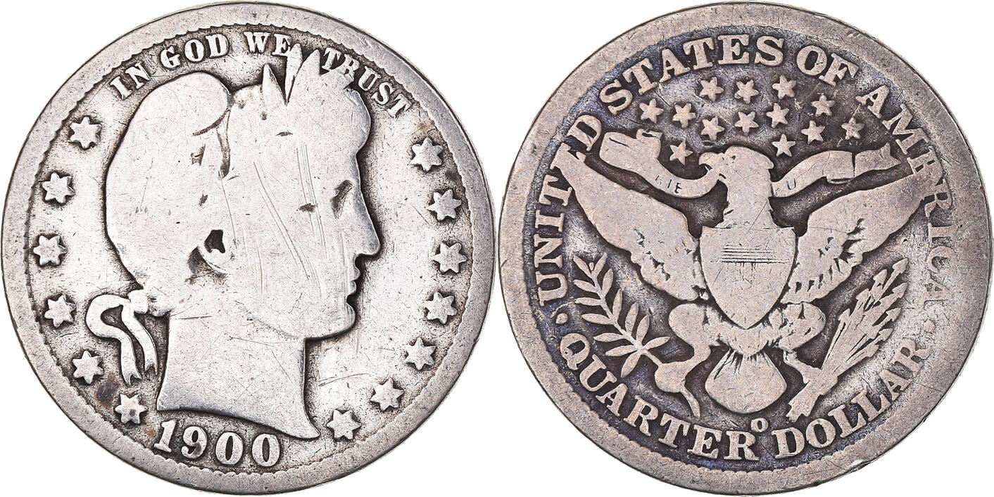 Group of 1900 Barber Quarters from Philadelphia, New Orleans, and San Francisco Mints showing all three mint mark varieties